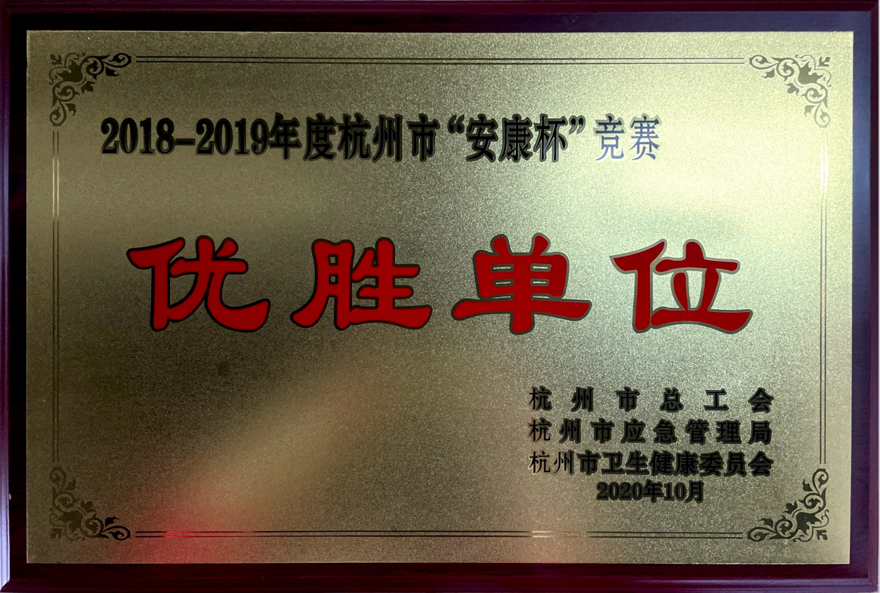 公司荣获2018-2019年度杭州市“安康杯”竞赛优胜单位、优胜班组及先进个人